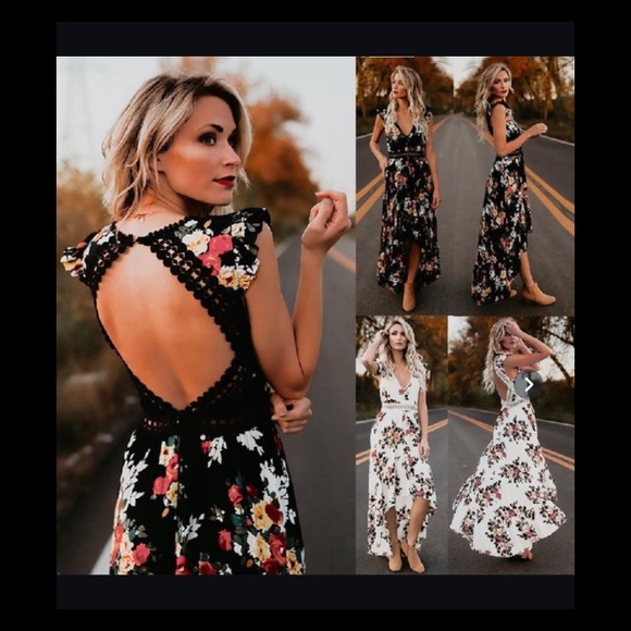 Long Floral Maxi High/Low Dress w. Beautiful Lace - Picture 3 of 9